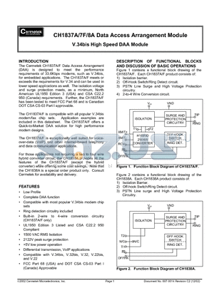 CH1838A datasheet - CH1837A/7F/8A Data Access Arrangement Module V.34bis High Speed DAA Module