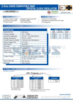 ASE datasheet - 3.3Vdc CMOS COMPATIBLE SMD CRYSTAL CLOCK OSCILLATOR