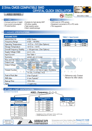 ASE2 datasheet - 2.5Vdc CMOS COMPATIBLE SMD CRYSTAL CLOCK OSCILLATOR