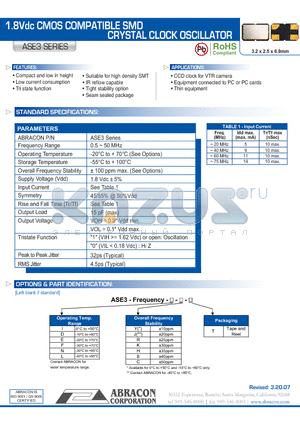 ASE3 datasheet - 1.8Vdc CMOS COMPATIBLE SMD CRYSTAL CLOCK OSCILLATOR