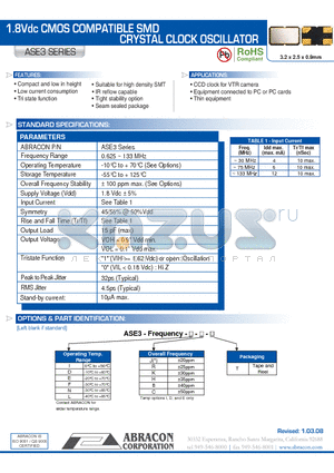 ASE3_08 datasheet - 1.8Vdc CMOS COMPATIBLE SMD CRYSTAL CLOCK OSCILLATOR