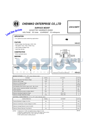 CH157BPT datasheet - SCHOTTKY BARRIER DIODE VOLTAGE 70 Volts CURRENT 15 mAmpere