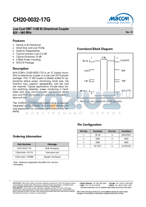 CH20-0032-17G-TR datasheet - Low Cost SMT 17dB Bi-Directional Coupler 824 - 960 MHz