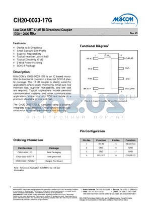 CH20-0033-17G datasheet - Low Cost SMT 17 dB Bi-Directional Coupler 1700 - 2000 MHz