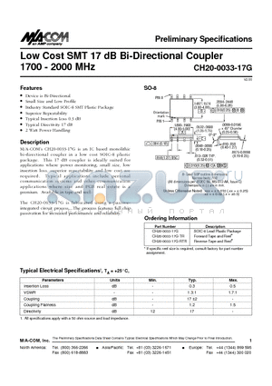 CH20-0033-17G-RTR datasheet - Low Cost SMT 17 dB Bi-Directional Coupler 1700 - 2000 MHz
