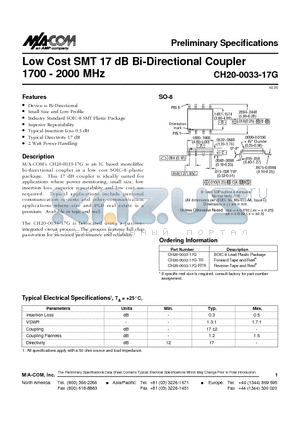 CH20-0033-17G datasheet - Low Cost SMT 17 dB Bi-Directional Coupler 1700 - 2000 MHz