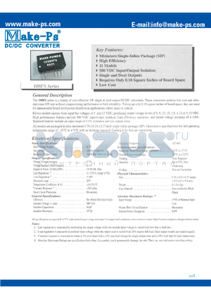 105S5FS datasheet - ULTRA-MINIATURE SINGLE-INLINE 1W SINGLE and DUAL OUTPUT ISOLATED DC/DC CONVERTERS