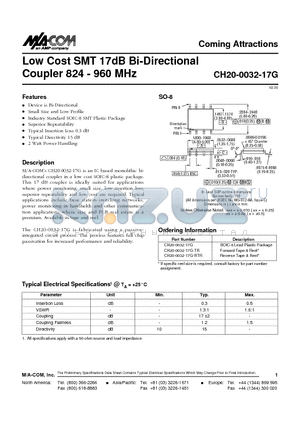 CH20-0032-17G-RTR datasheet - Low Cost SMT 17dB Bi-Directional Coupler 824 - 960 MHz