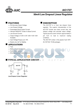 AIC1727-30CX datasheet - 50mA Low Dropout Linear Regulator