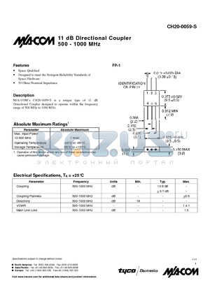 CH20-0059-S datasheet - 11 dB Directional Coupler 500 - 1000 MHz