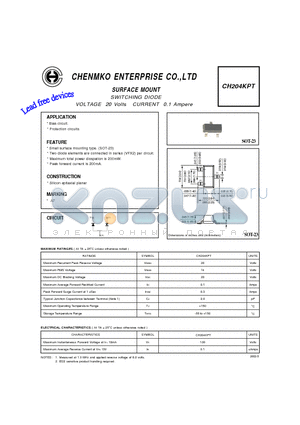 CH204KPT datasheet - SWITCHING DIODE VOLTAGE 20 Volts CURRENT 0.1 Ampere