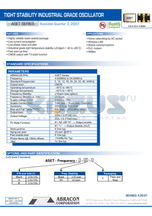 ASET datasheet - TIGHT STABILITY INDUSTRIAL GRADE OSCILLATOR