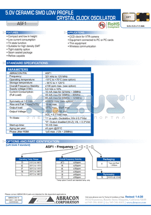 ASF1 datasheet - 5.0V CERAMIC SMD LOW PROFILE CRYSTAL CLOCK OSCILLATOR