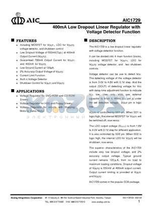 AIC1729 datasheet - 400mA Low Dropout Linear Regulator with Voltage Detector Function
