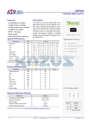 ASF255 datasheet - 5-3000 MHz MMIC Amplifier