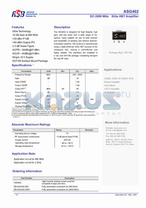 ASG402 datasheet - DC-3000 MHz  SiGe HBT Amplifier