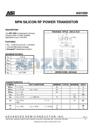 ASI1020 datasheet - NPN SILICON RF POWER TRANSISTOR
