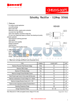 CH520S-30PT datasheet - Schottky Rectifier - 0.2Amp 30Volt