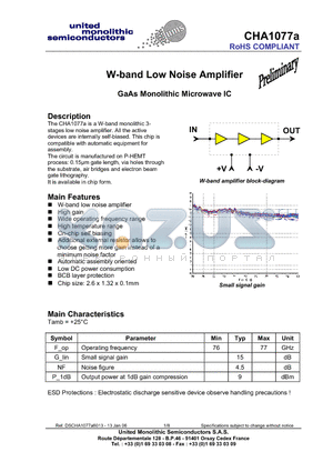 CHA1077A datasheet - W-band Low Noise Amplifier