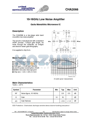 CHA2066 datasheet - 10-16GHz Low Noise Amplifier