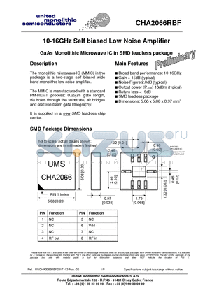 CHA2066RBF datasheet - 10-16GHz Self biased Low Noise Amplifier