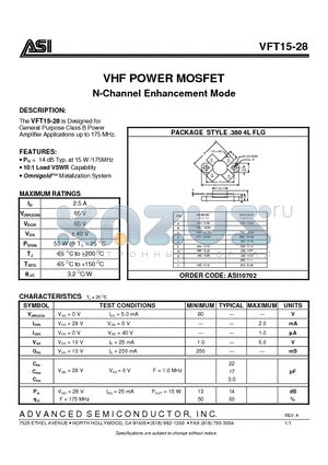 ASI10702 datasheet - VHF POWER MOSFET N-Channel Enhancement Mode