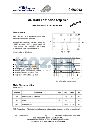 CHA2093 datasheet - 20-30GHz Low Noise Amplifier