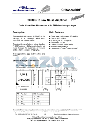 CHA2093RBF datasheet - 20-30GHz Low Noise Amplifier