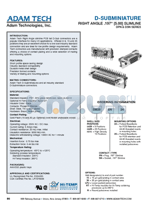 DE09PN24 datasheet - D-SUBMINIATURE RIGHT ANGLE .197 [5.00] SLIMLINE