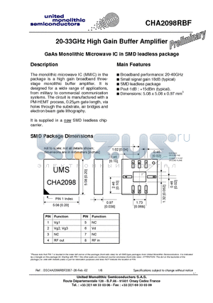 CHA2098RBF datasheet - 20-33GHz High Gain Buffer Amplifier