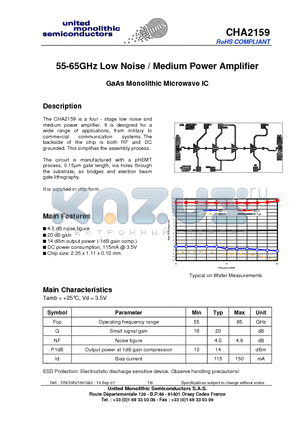 CHA2159 datasheet - 55-65GHz Low Noise / Medium Power Amplifier