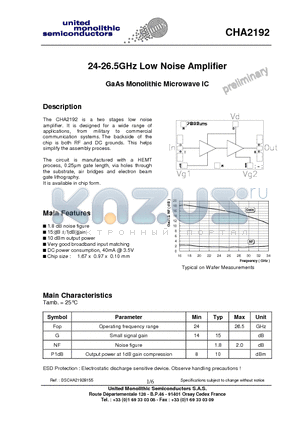 CHA2192-99F/00 datasheet - 24-26.5GHz Low Noise Amplifier