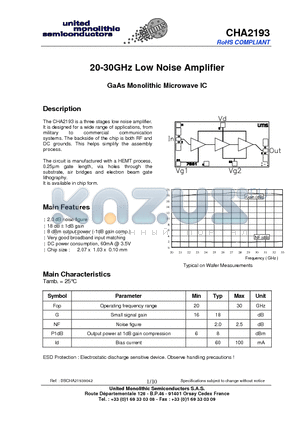 CHA2193 datasheet - 20-30GHz Low Noise Amplifier