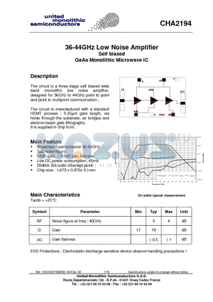 CHA2194-99F/00 datasheet - 36-44GHz Low Noise Amplifier