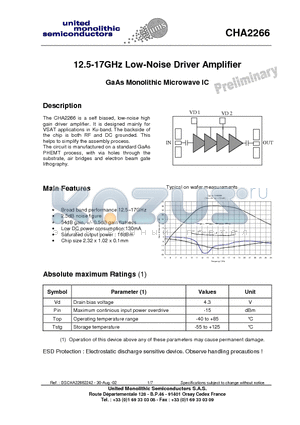 CHA2266 datasheet - 12.5-17GHz Low-Noise Driver Amplifier