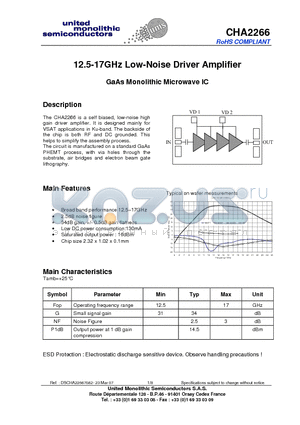 CHA2266 datasheet - 12.5-17GHz Low-Noise Driver Amplifier