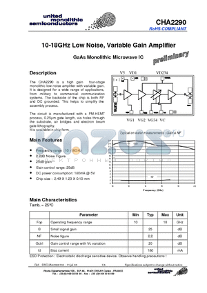 CHA2290 datasheet - 10-18GHz Low Noise, Variable Gain Amplifier