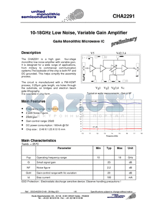 CHA2291-99F/00 datasheet - 10-18GHz Low Noise, Variable Gain Amplifier