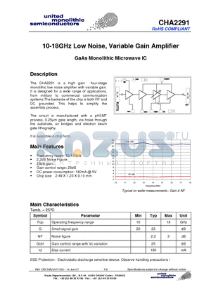 CHA2291 datasheet - 10-18GHz Low Noise, Variable Gain Amplifier