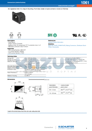 1061 datasheet - IEC Appliance Inlet C14, Snap-in Mounting, Front Side, Solder or Quick-connect or Screw-on Terminal