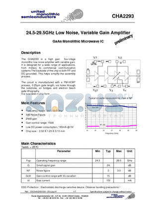 CHA2293 datasheet - 24.5-29.5GHz Low Noise, Variable Gain Amplifier