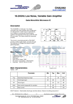 CHA2292-99F/00 datasheet - 16-24GHz Low Noise, Variable Gain Amplifier