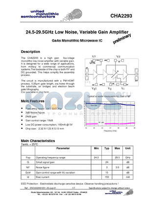 CHA2293-99F/00 datasheet - 24.5-29.5GHz Low Noise, Variable Gain Amplifier