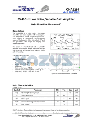 CHA2294-99F/00 datasheet - 35-40GHz Low Noise, Variable Gain Amplifier