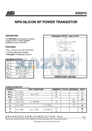 ASI2010 datasheet - NPN SILICON RF POWER TRANSISTOR