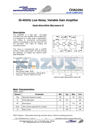 CHA2294_07 datasheet - 35-40GHz Low Noise, Variable Gain Amplifier