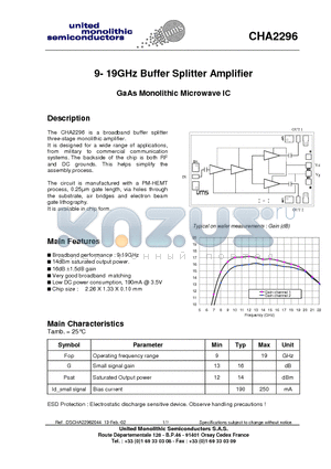 CHA2296-99F/00 datasheet - 9- 19GHz Buffer Splitter Amplifier