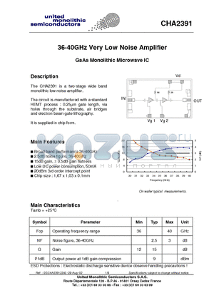 CHA2391-99F/00 datasheet - 36-40GHz Very Low Noise Amplifier