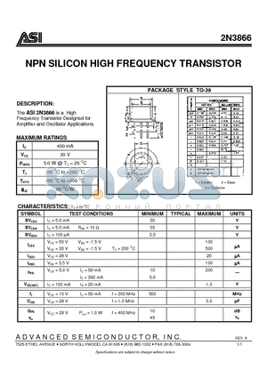 ASI2N3866 datasheet - NPN SILICON HIGH FREQUENCY TRANSISTOR