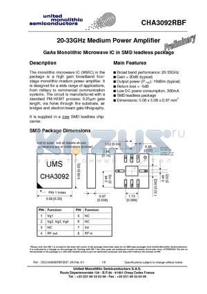 CHA3092RBF datasheet - 20-33GHz Medium Power Amplifier